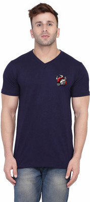 Money Leaf Solid, Printed Men V Neck Dark Blue T-Shirt