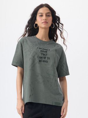 The Souled Store Printed Women Round Neck Grey T-Shirt