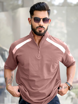 MANIAC Solid Men Henley Neck Pink T-Shirt
