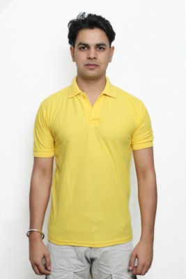Nativaswear Solid Men Polo Neck Yellow T-Shirt