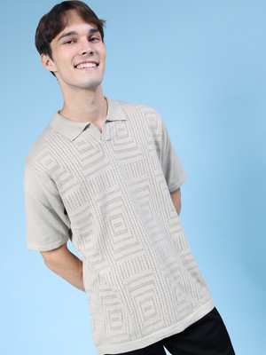 V-MART Printed Men Polo Neck Beige T-Shirt