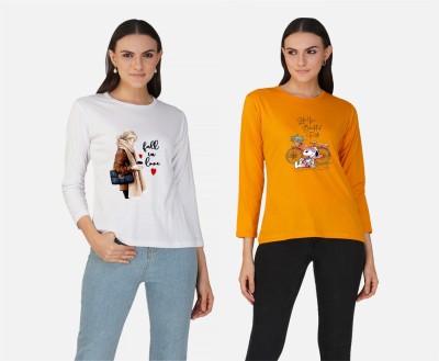 LeeBurg Printed Women Round Neck White, Orange T-Shirt