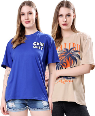 Herway Printed Women Round Neck Brown, Blue T-Shirt