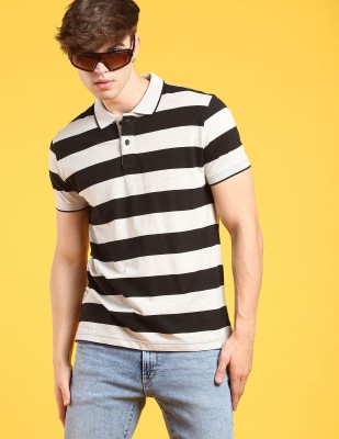 FLYING MACHINE Striped Men Polo Neck White T-Shirt