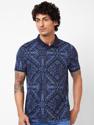 Spykar Printed Men Polo Neck Blue T-Shirt