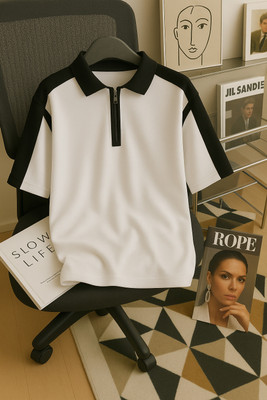 Try This Self Design Men Zip Neck Multicolor T-Shirt