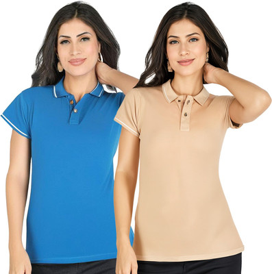 SHAUN Solid Women Polo Neck Multicolor T-Shirt