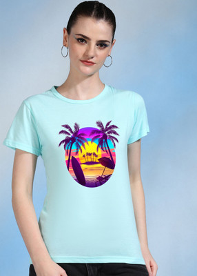 Moda Rapido Printed Women Round Neck Light Blue T-Shirt