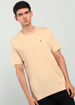 Raymond Solid Men Round Neck Beige T-Shirt