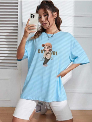 HouseOfCommon Self Design Women Round Neck Blue T-Shirt