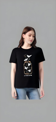 Royal Creations By Rv Printed Women Round Neck Black T-Shirt