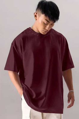 R S Fashion Trend Solid Men Round Neck Maroon T-Shirt