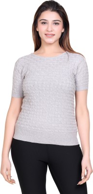 LEZA Self Design Women Round Neck Grey T-Shirt
