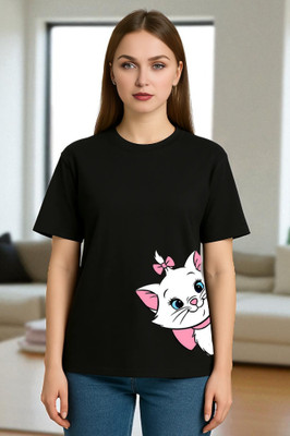 Elvia Printed Women Round Neck Black T-Shirt