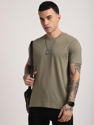 R&B Solid Men Crew Neck Green T-Shirt