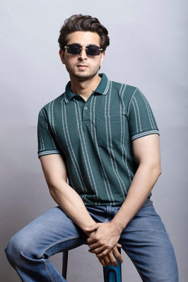 Expert Choice Striped Men Polo Neck Green T-Shirt
