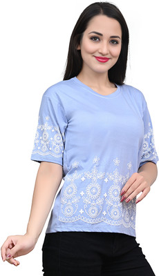 Yunic29 Casual Embroidered Women Light Blue Top