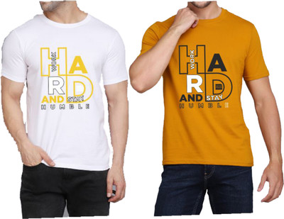 WOOSTRO Printed Men Round Neck White, Yellow T-Shirt
