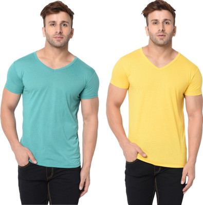 Adorbs Trend Solid Men V Neck Light Green, Yellow T-Shirt