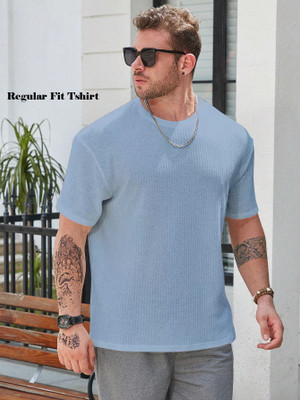 The Modern Soul Self Design Men Polo Neck Light Blue T-Shirt