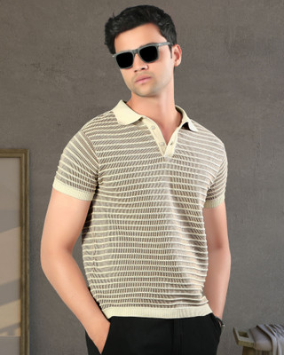 SaintArebian Self Design Men Polo Neck Beige, Brown T-Shirt