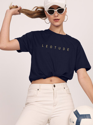 JUST ROAR Printed Women Round Neck Navy Blue T-Shirt