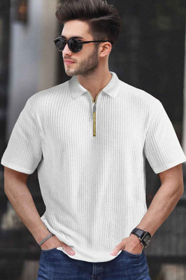 METRONAUT Self Design Men Zip Neck White T-Shirt