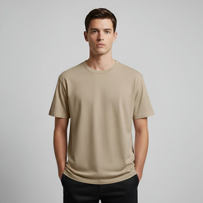 Tanushk Solid Men Round Neck Beige T-Shirt