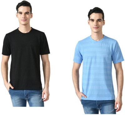 Indistar Striped Men Round Neck Light Blue, Black T-Shirt