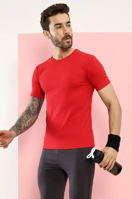 Wanglet Solid Men Round Neck Red T-Shirt