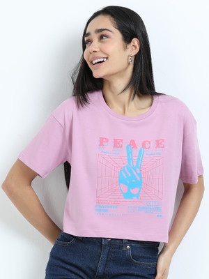 Snap and Spark Printed Women Round Neck Purple T-Shirt