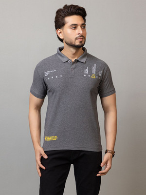Expert Choice Striped Men Polo Neck Grey T-Shirt