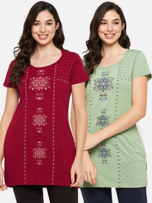 VERO AMORE Printed Women Round Neck Light Green, Maroon T-Shirt