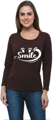 Vylo Printed Women Round Neck Brown T-Shirt