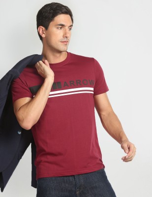 Arrow Sport Typography, Striped Men Round Neck Red T-Shirt