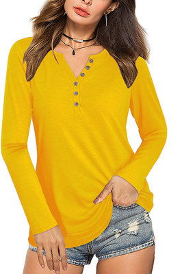 Boldwink Solid Women V Neck Yellow T-Shirt