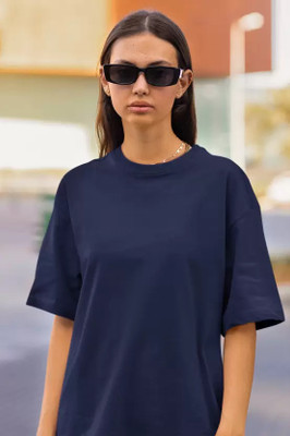 Earthstick Solid Women Round Neck Navy Blue T-Shirt