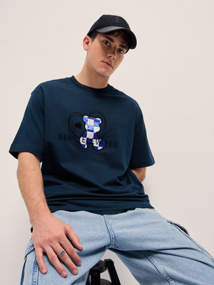THE BEAR HOUSE Self Design Men Round Neck Blue T-Shirt