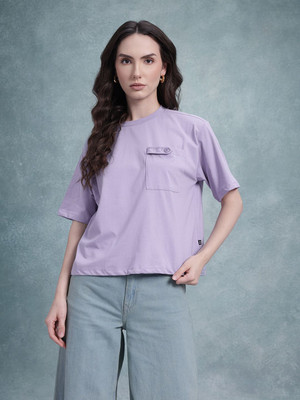 Roadster Solid Women Round Neck Purple T-Shirt