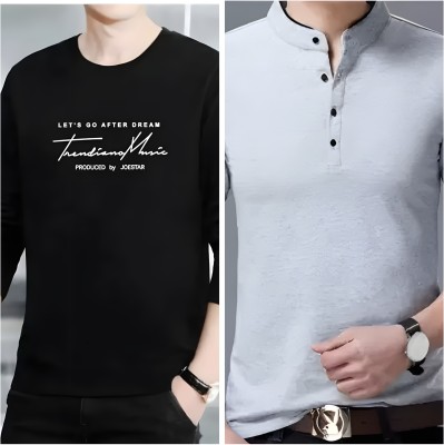 TEE TREE Solid Men Mandarin Collar Black, Grey T-Shirt