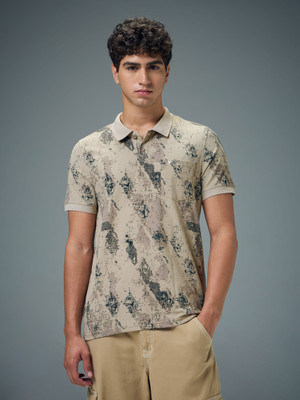 TECHNOSPORT Printed Men Polo Neck Beige T-Shirt