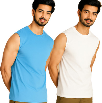 Adorbs Solid Men Round Neck Blue, White T-Shirt
