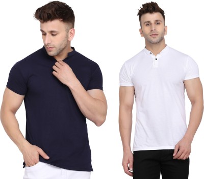 Lawful Casual Solid Men Mandarin Collar Dark Blue, White T-Shirt