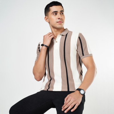 Byford by Pantaloons Tie & Dye Men Mandarin Collar Beige T-Shirt