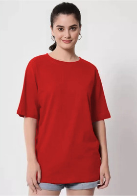 etsun Solid Women Round Neck Red T-Shirt