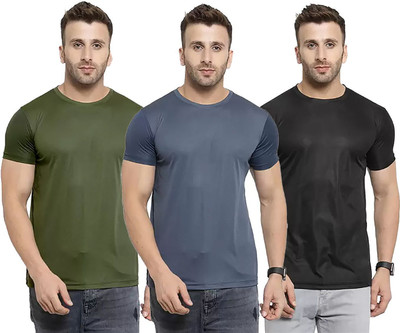 RIVAAZ Collections Solid Men Round Neck Dark Green, Grey, Black T-Shirt
