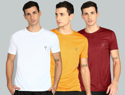 Fricker Solid Men Round Neck White, Yellow, Maroon T-Shirt