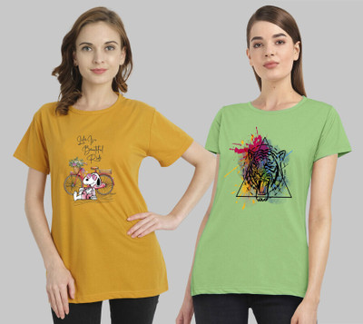 METRONAUT Graphic Print Women Round Neck Yellow, Green T-Shirt