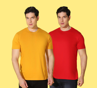 WOOSTRO Solid Men Round Neck Red, Yellow T-Shirt