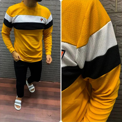 HexaCraft Striped Men Round Neck Yellow T-Shirt